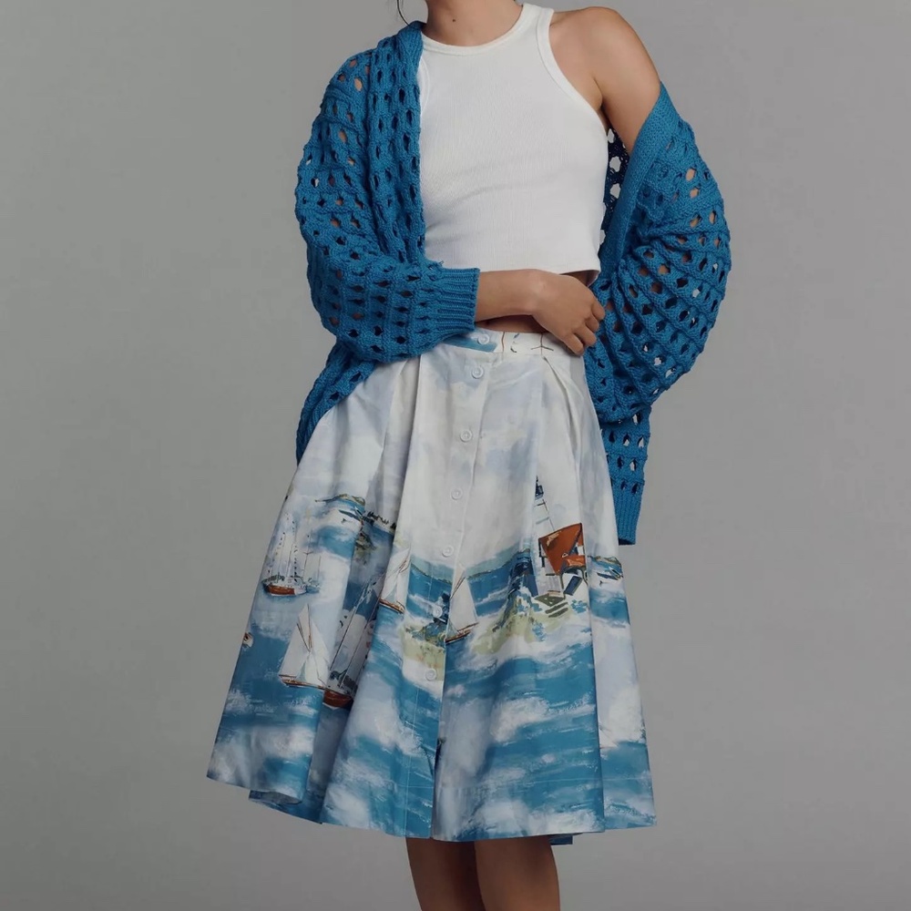 50s/60s Inspired Anthropologie MAEVE Seascape Novelty Sailing Boat Full Skirt M